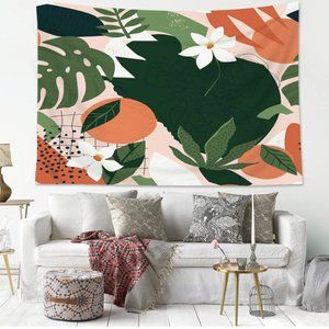 Orange Wall Tapestry 59Wx51H Inch Nature Leaves Plant Botanical Aesthetic Room